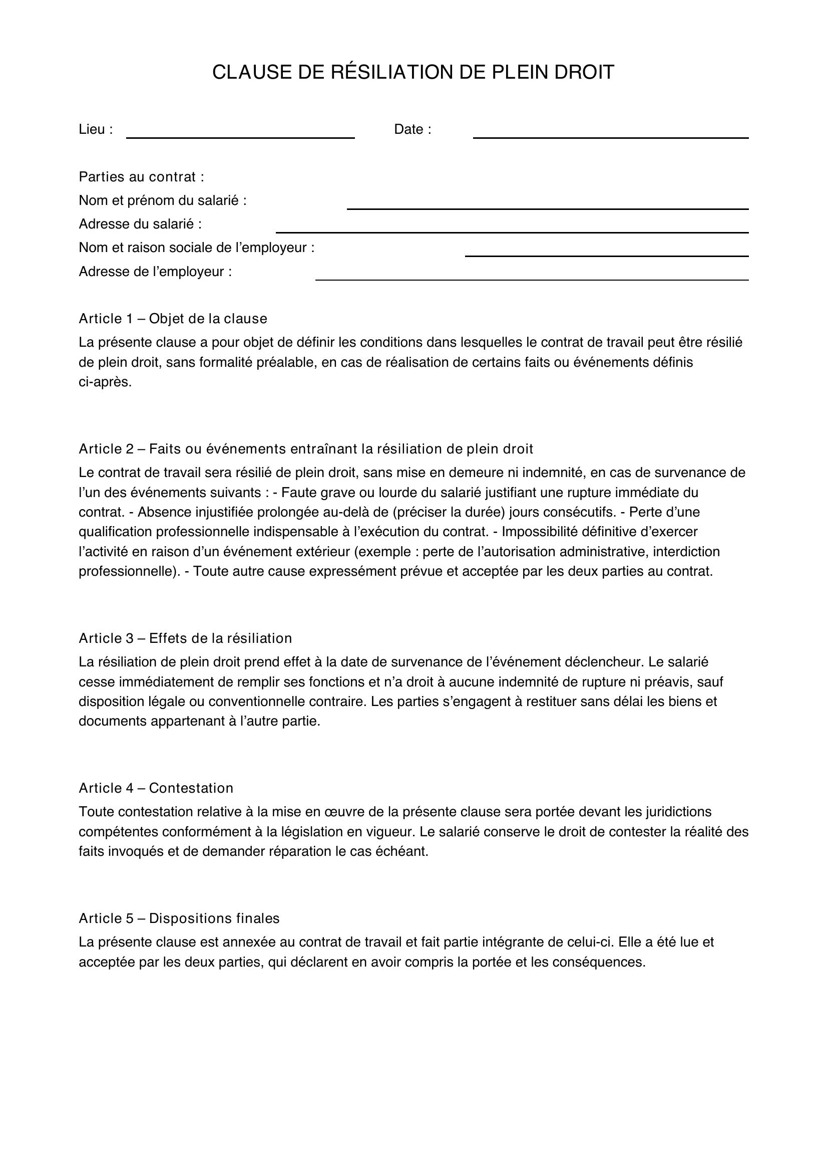 Modèle Clause De Résiliation De Plein Droit