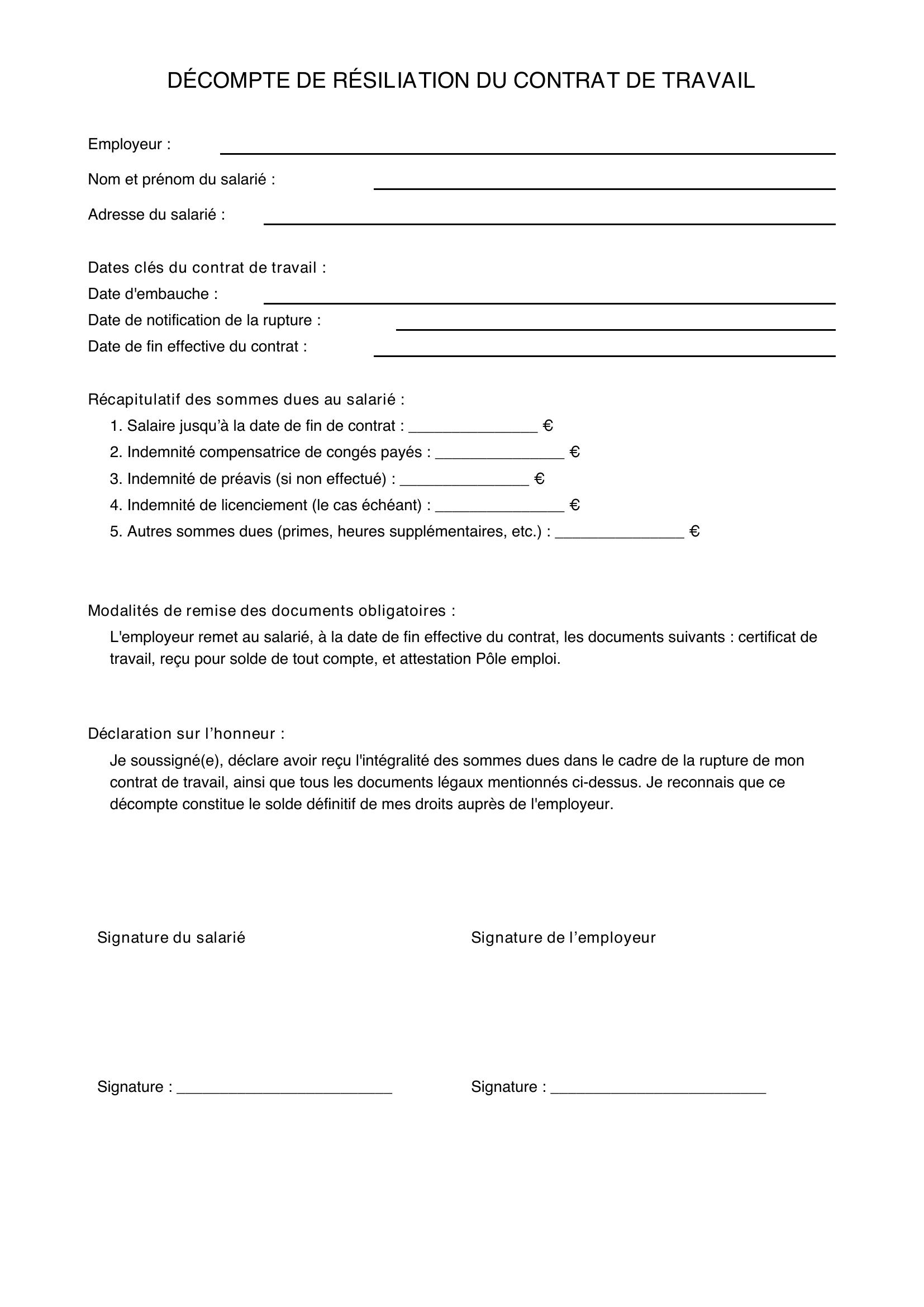 Décompte De Résiliation Modèle