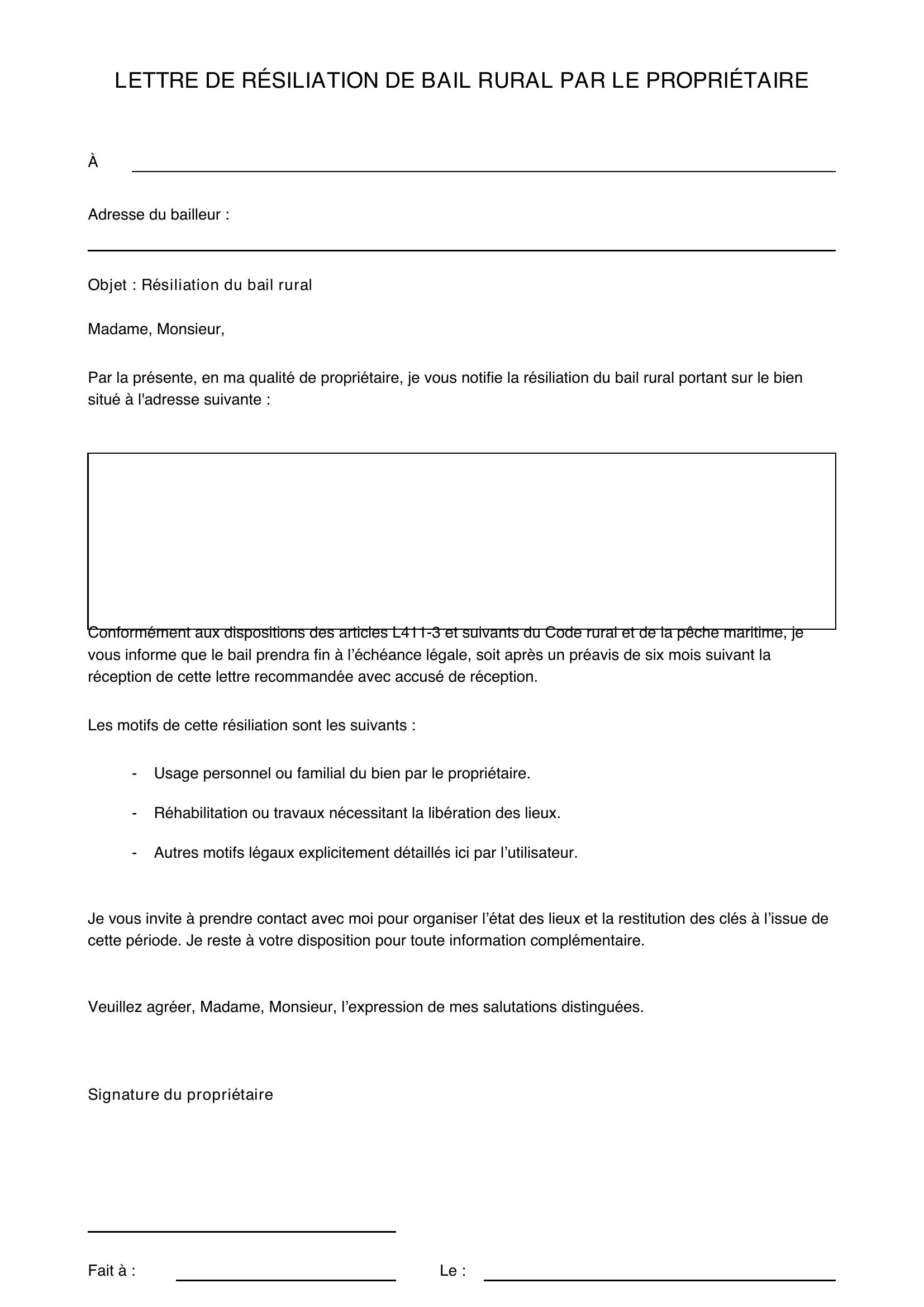 Modèle De Lettre De Résiliation De Bail Rural Par Le Propriétaire