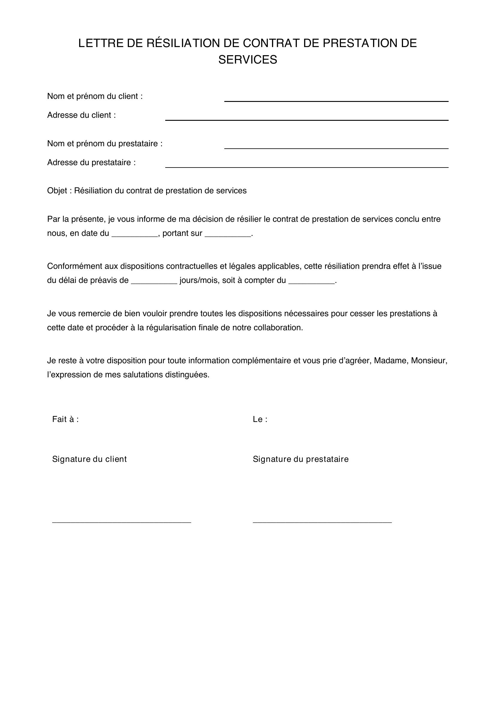 Modèle De Lettre De Résiliation De Contrat De Prestation De Services