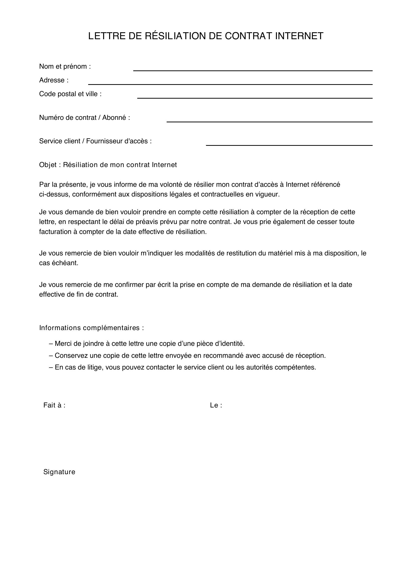Lettre De Résiliation Internet