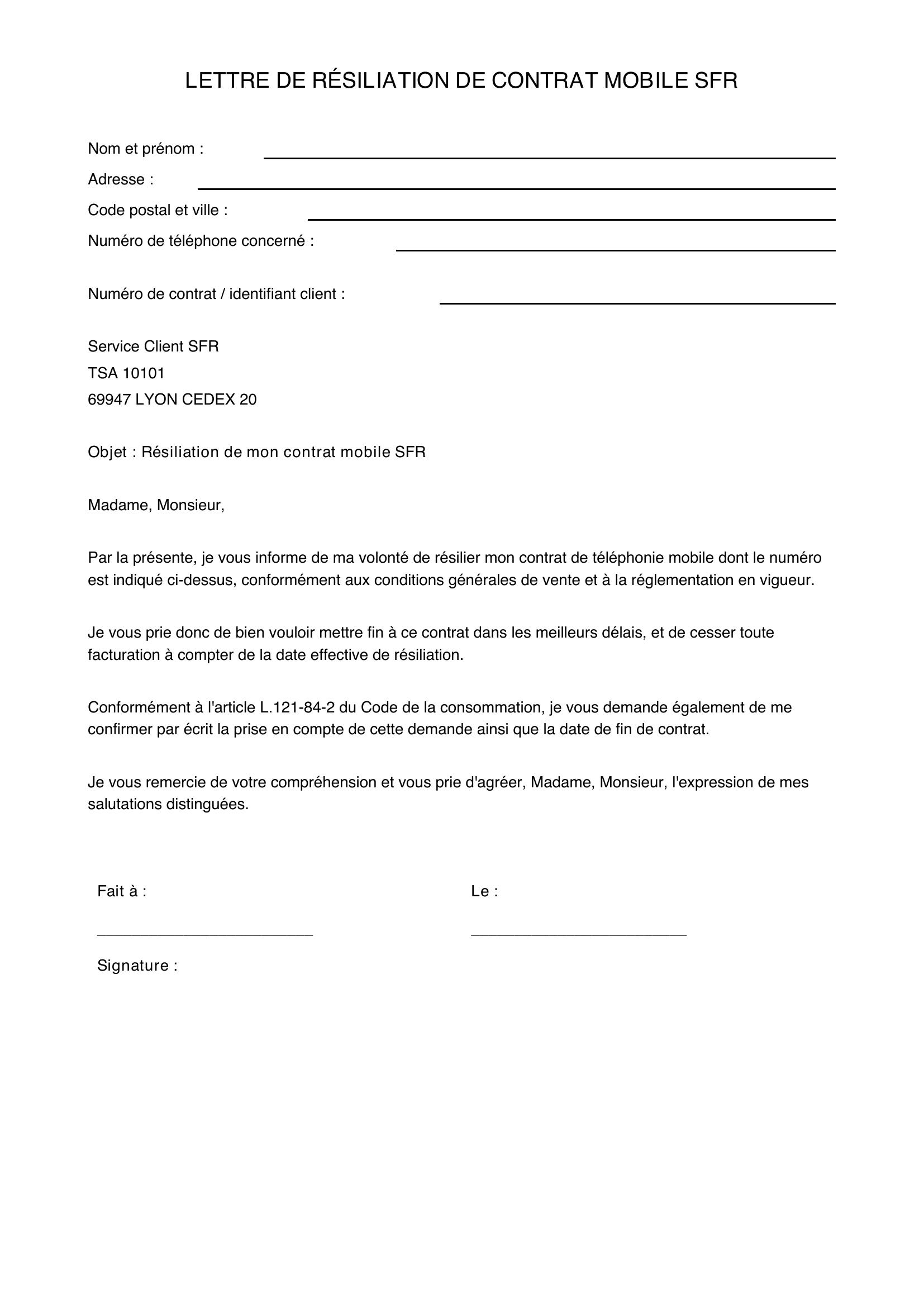 Modèle Lettre De Résiliation Sfr Mobile