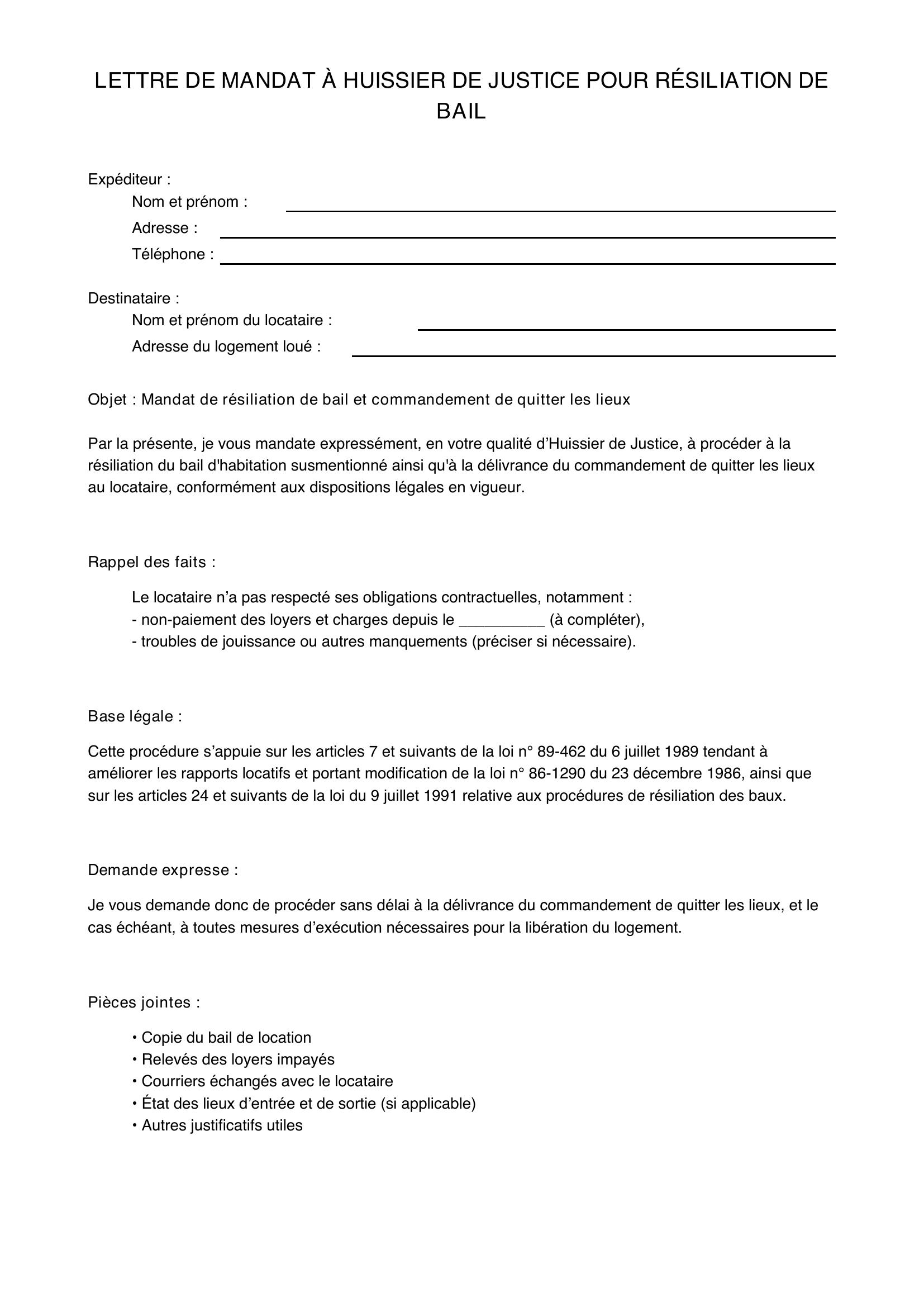 Modèle Lettre Mandat Huissier Résiliation Bail
