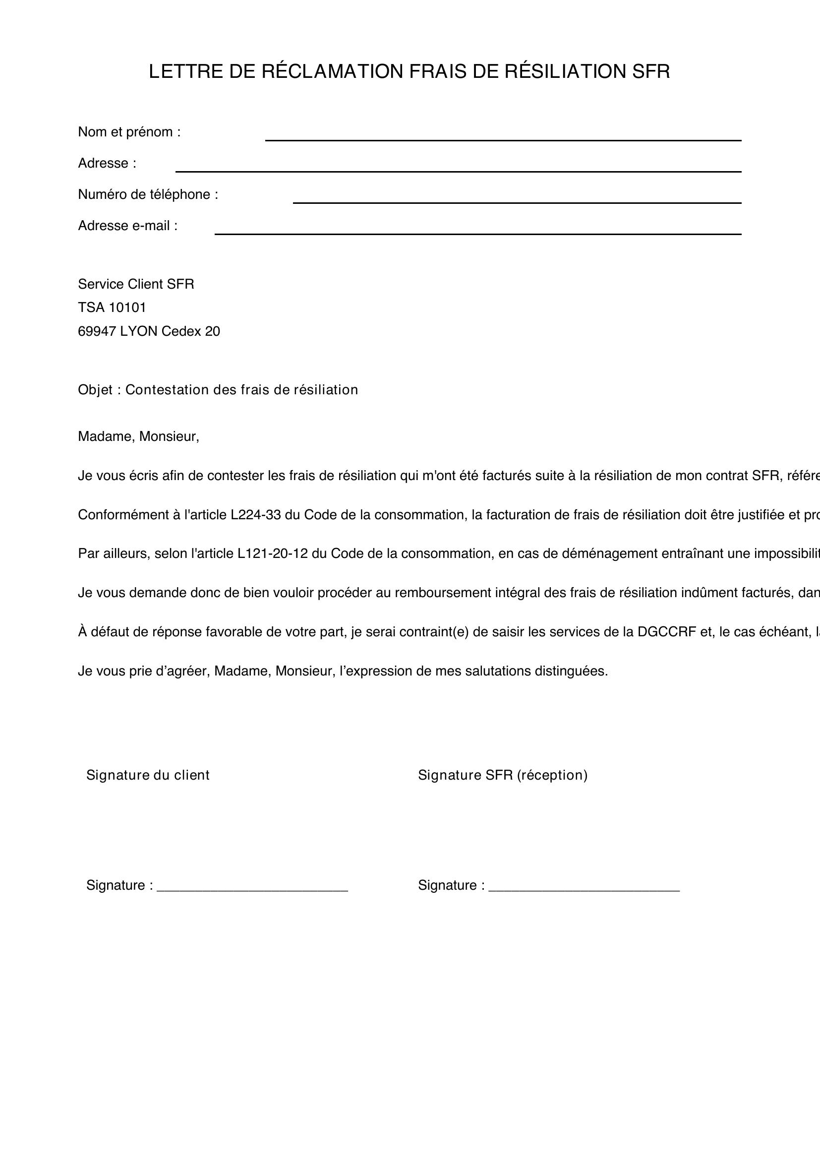 Modèle Lettre Réclamation Sfr Frais De Résiliation