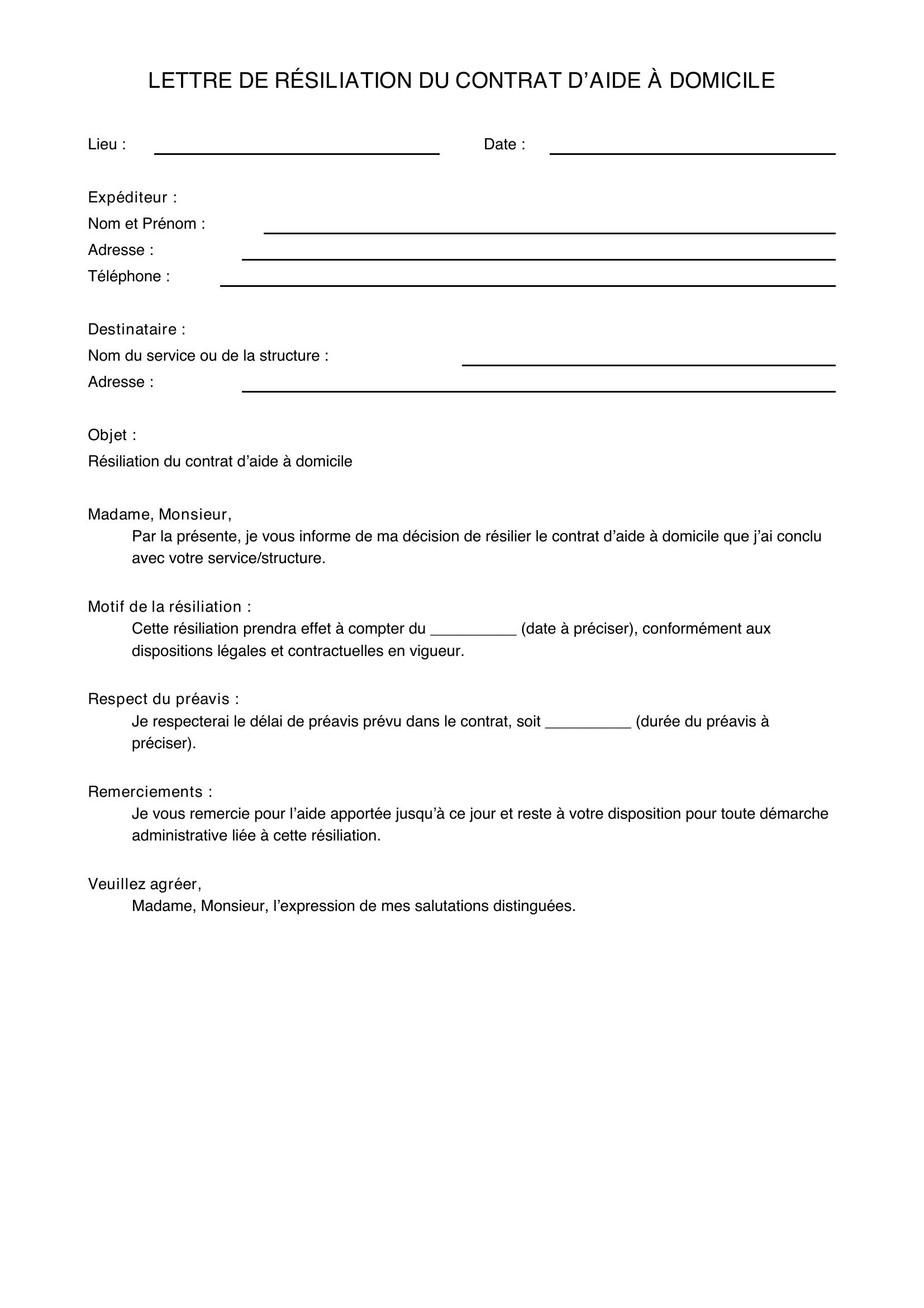 Modèle Lettre Résiliation Aide À Domicile