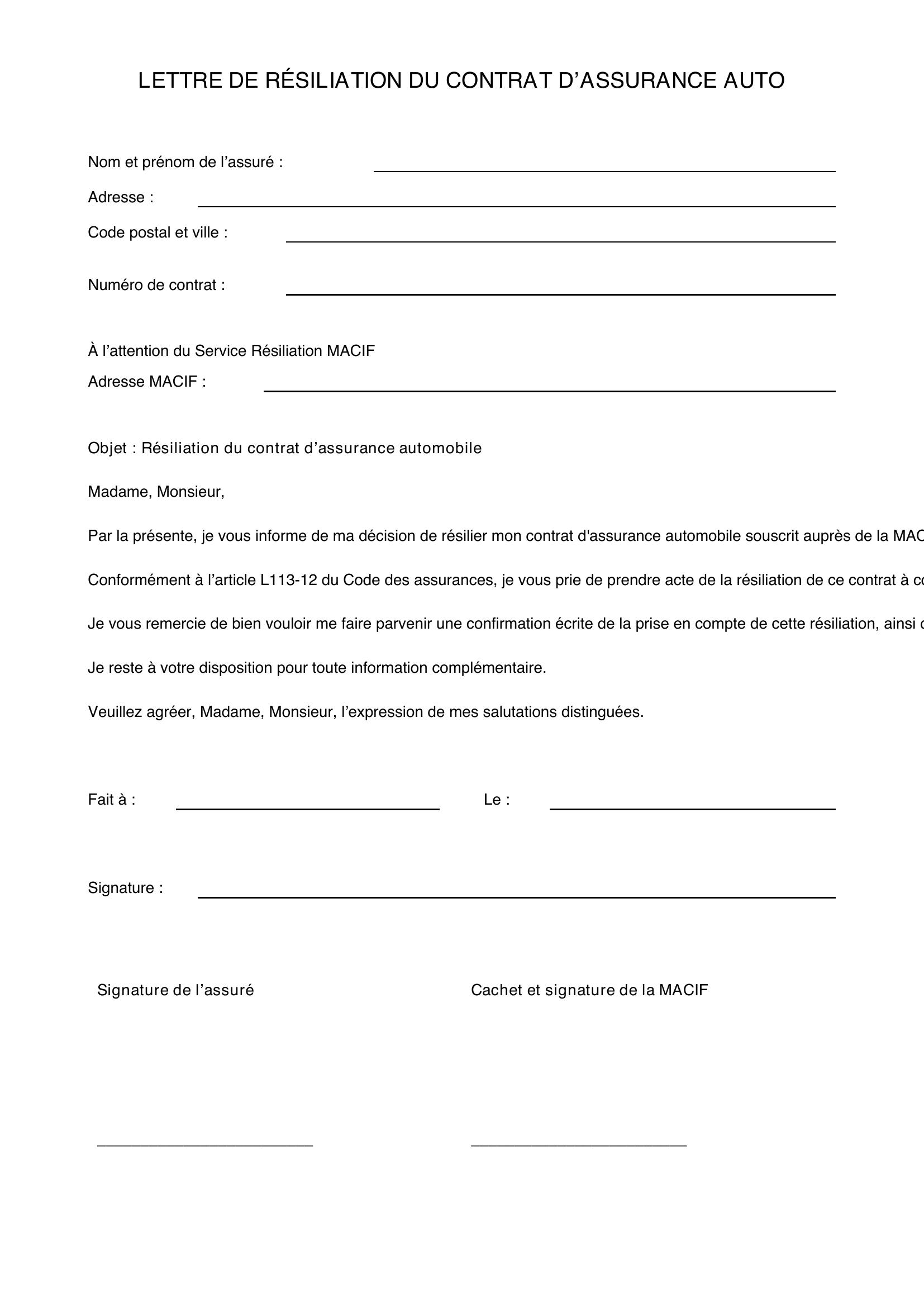 Modèle Lettre Résiliation Assurance Auto Macif