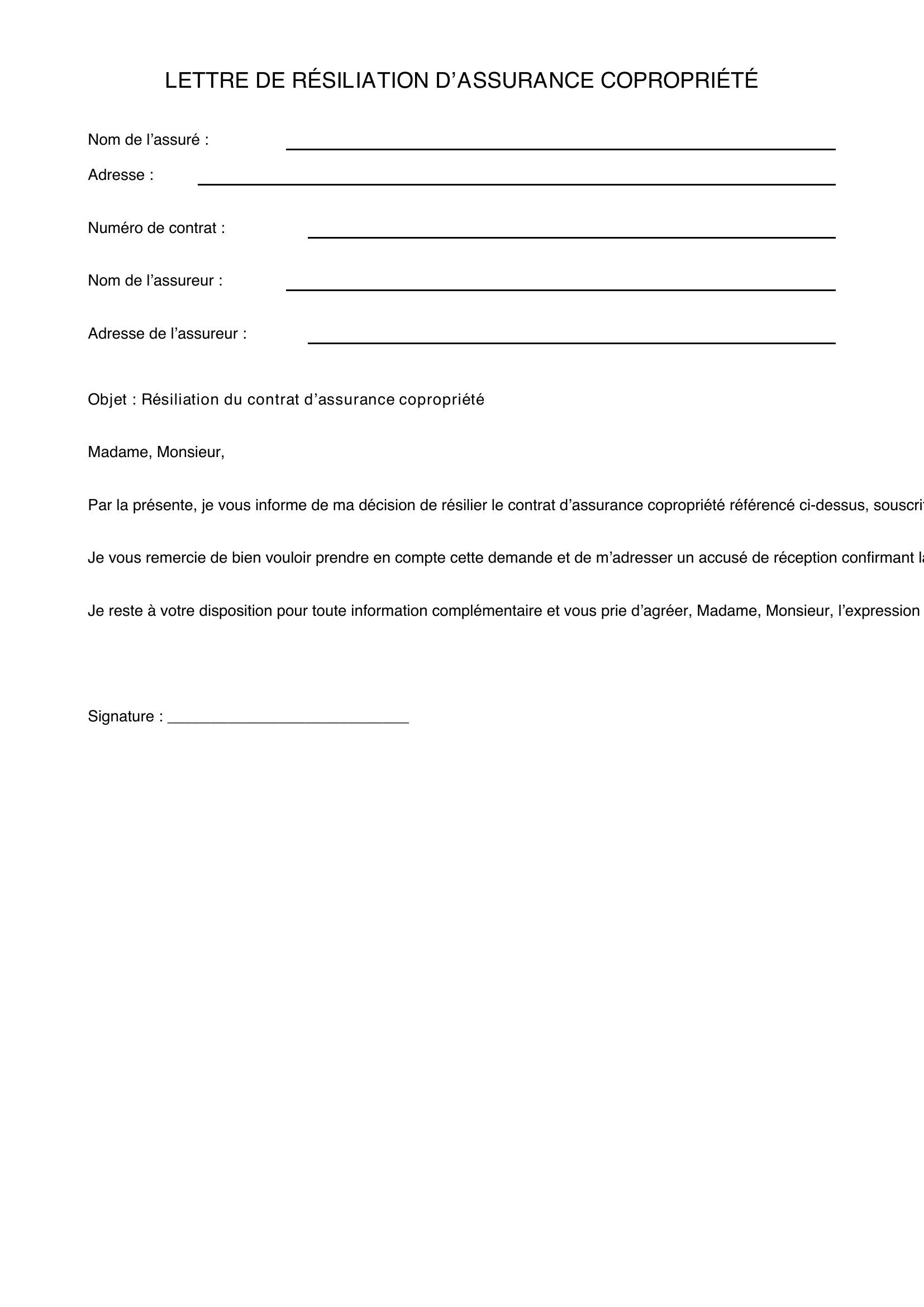 Modèle Lettre Résiliation Assurance Copropriété