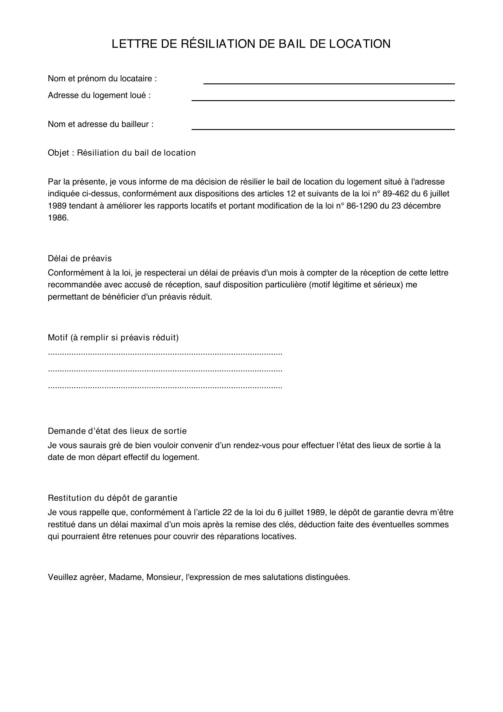 Modèle Lettre Résiliation Bail 1 Mois