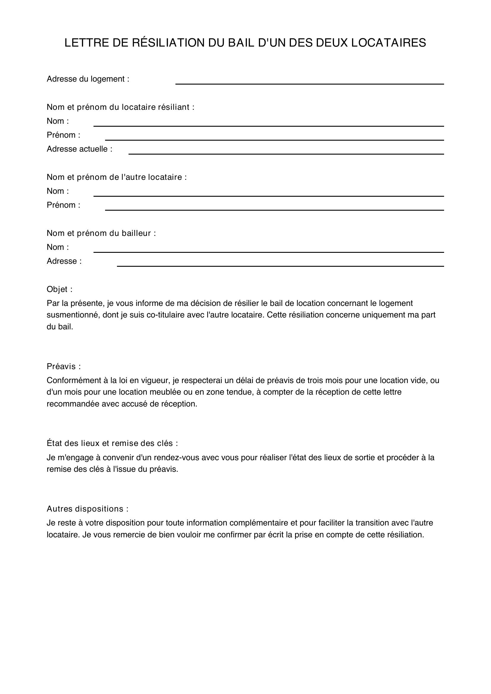 Modèle Lettre Résiliation Bail D'Un Des Deux Locataires