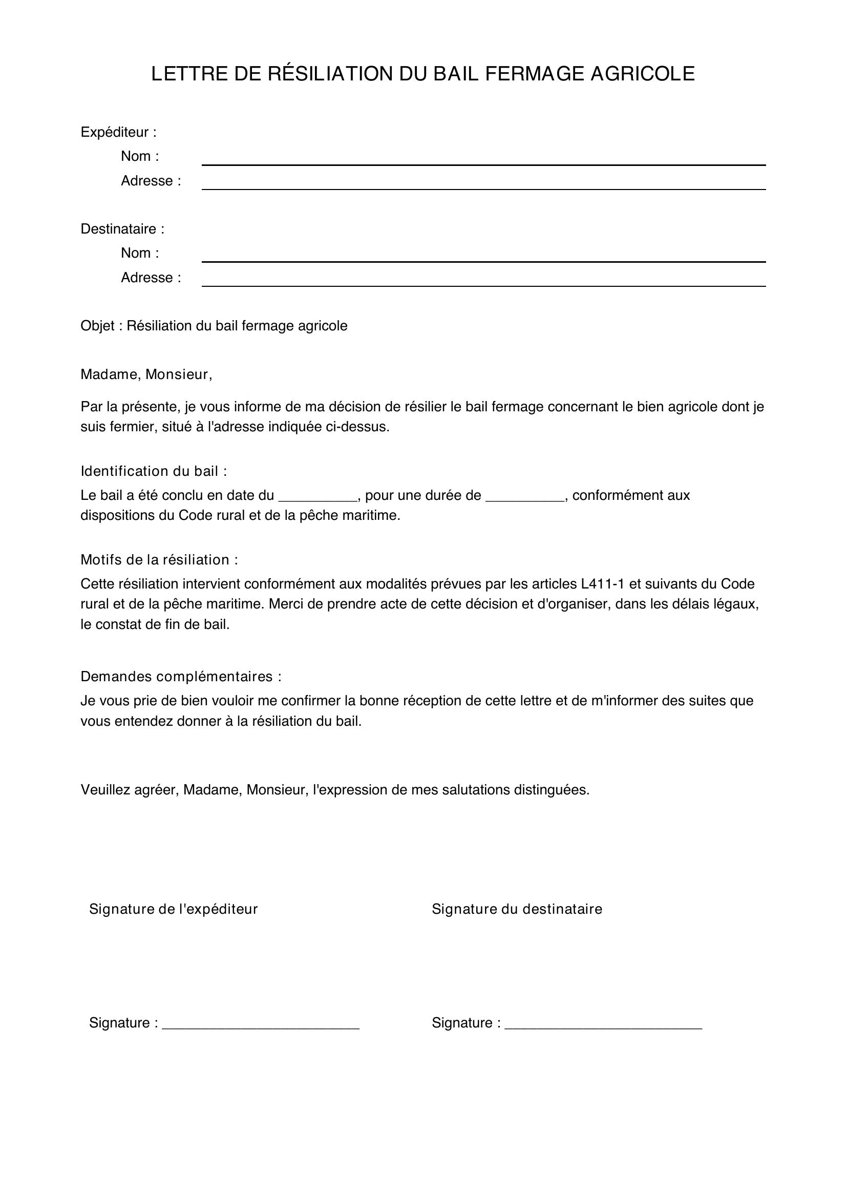 Modèle Lettre Résiliation Bail Fermage Agricole
