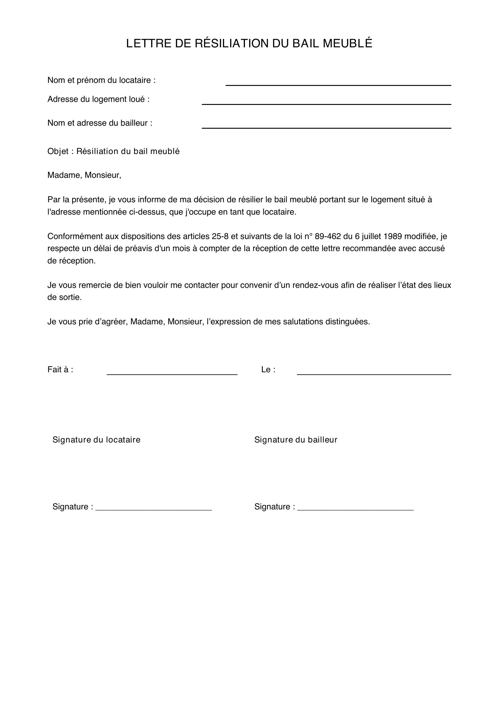 Lettre Résiliation Bail Meublé