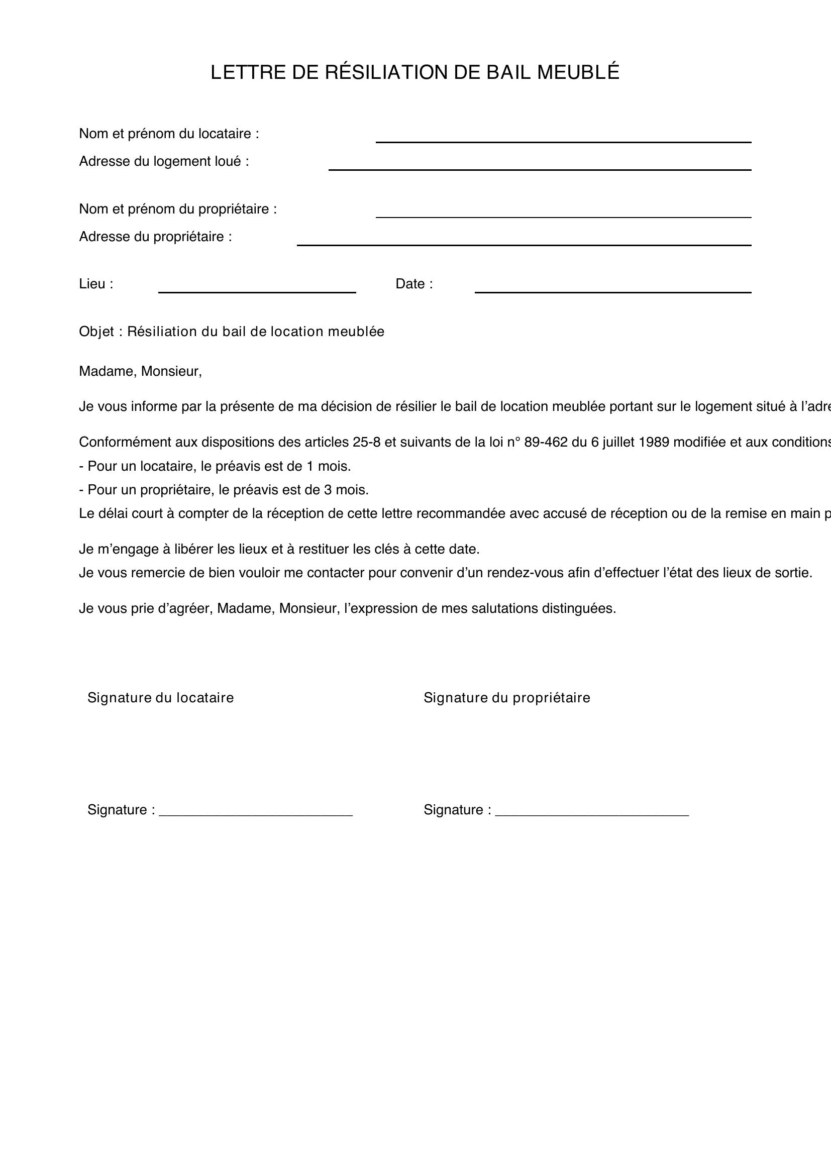 Lettre Résiliation Bail Meublé Propriétaire