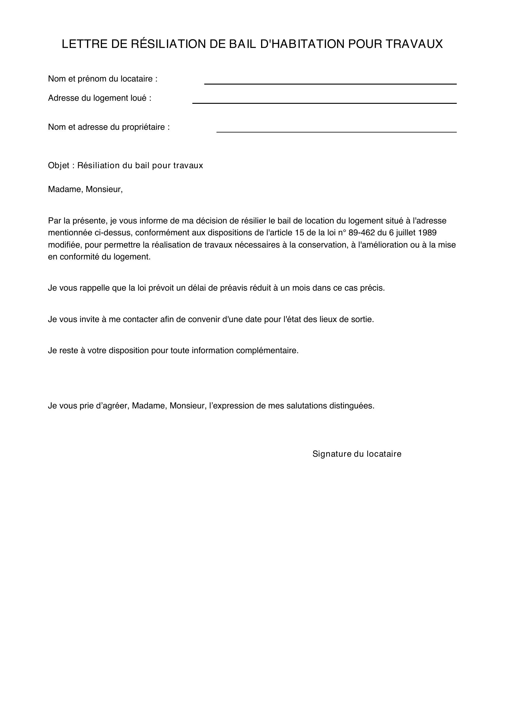 Modèle Lettre Résiliation Bail Pour Travaux
