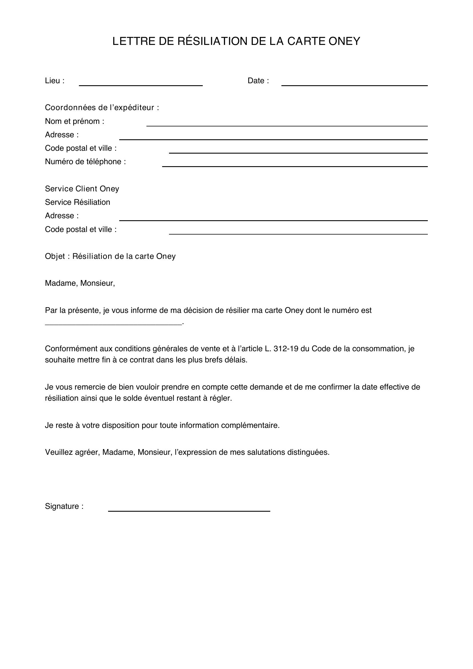 Modèle Lettre Résiliation Carte Oney