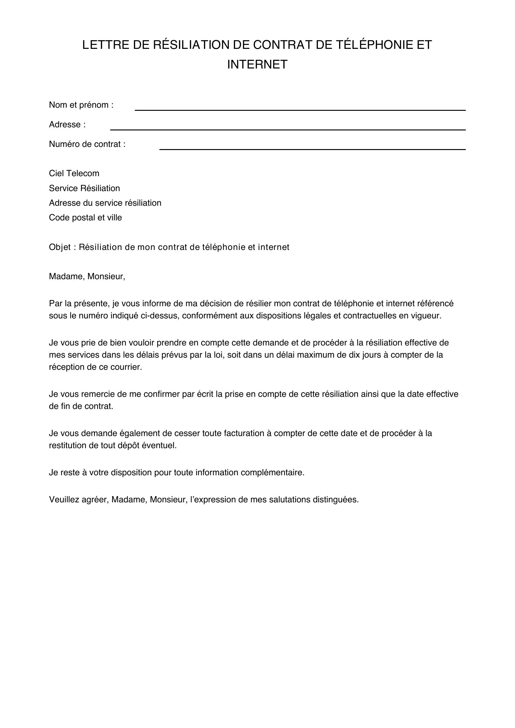 Modèle Lettre Résiliation Ciel Telecom