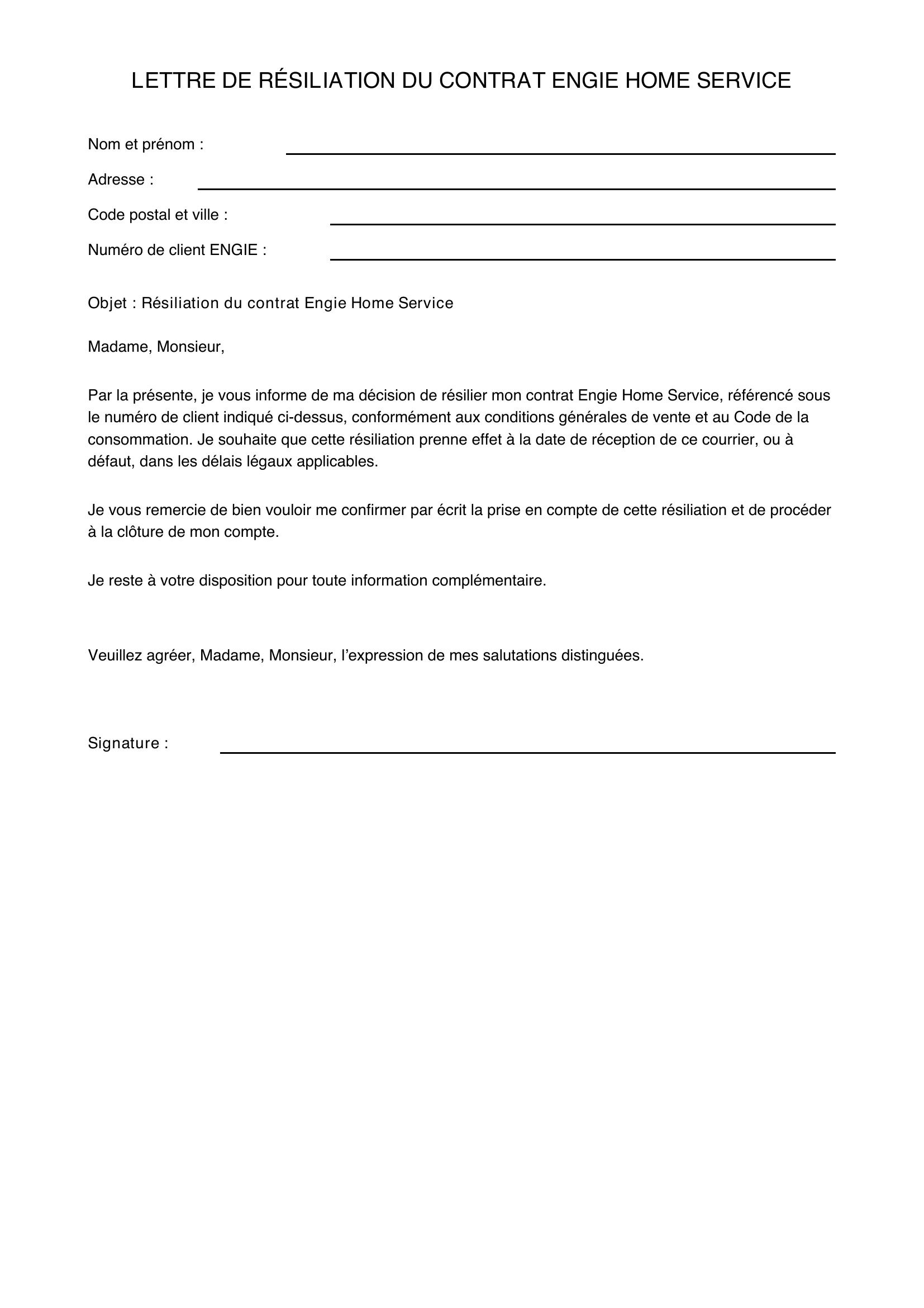 Modèle Lettre Résiliation Engie Home Service