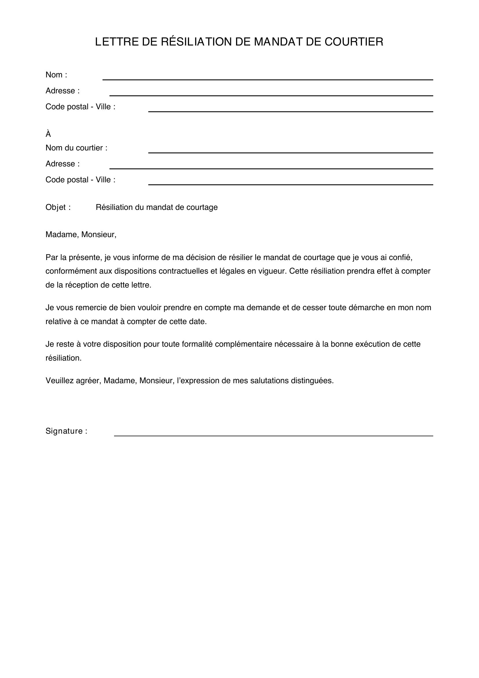 Modèle Lettre Résiliation Mandat Courtier