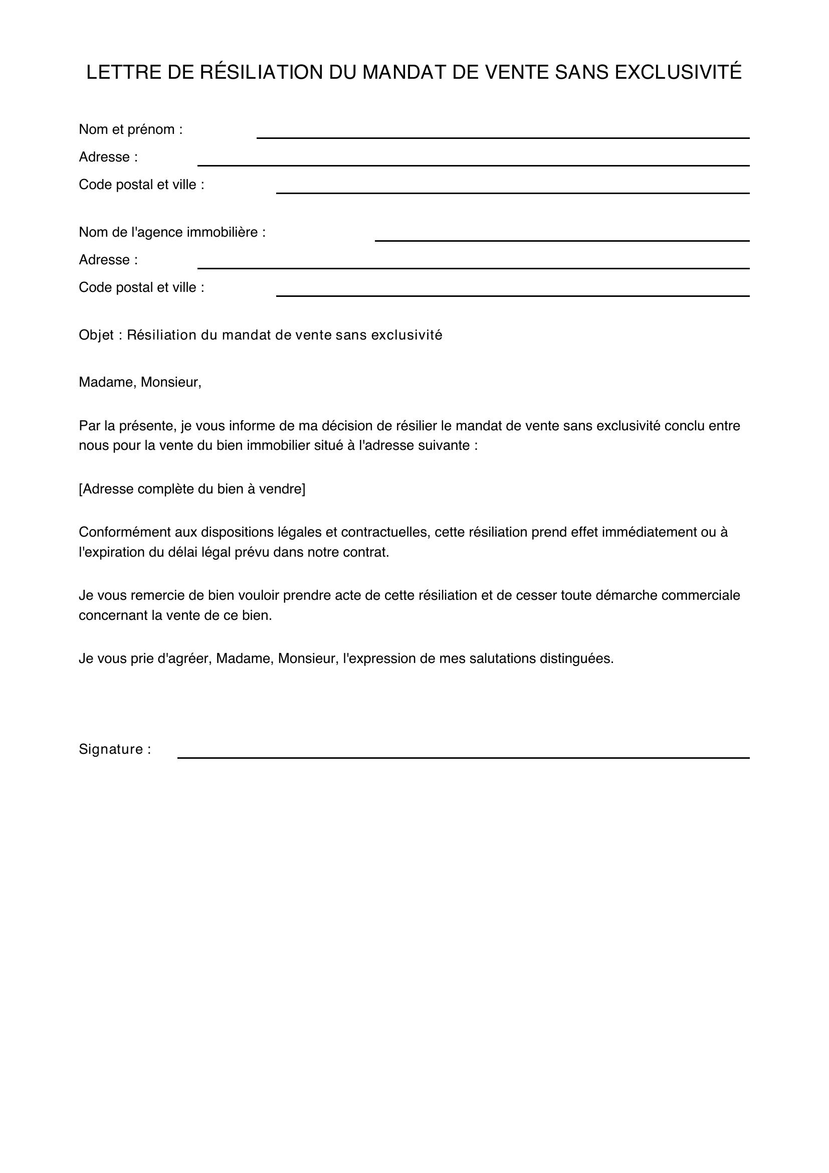Modèle Lettre Résiliation Mandat De Vente Sans Exclusivité