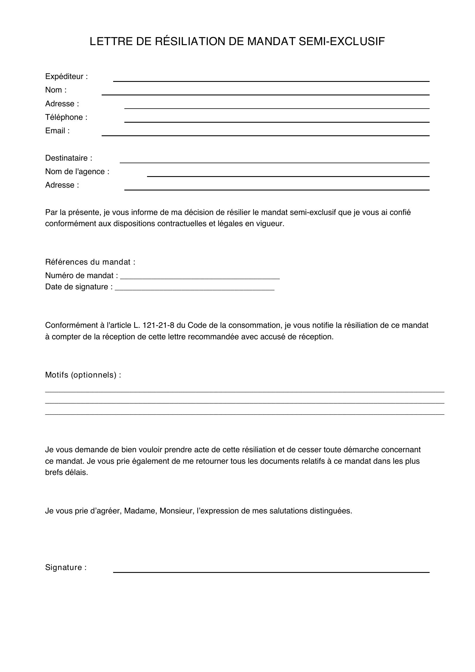 Modèle Lettre Résiliation Mandat Semi-Exclusif