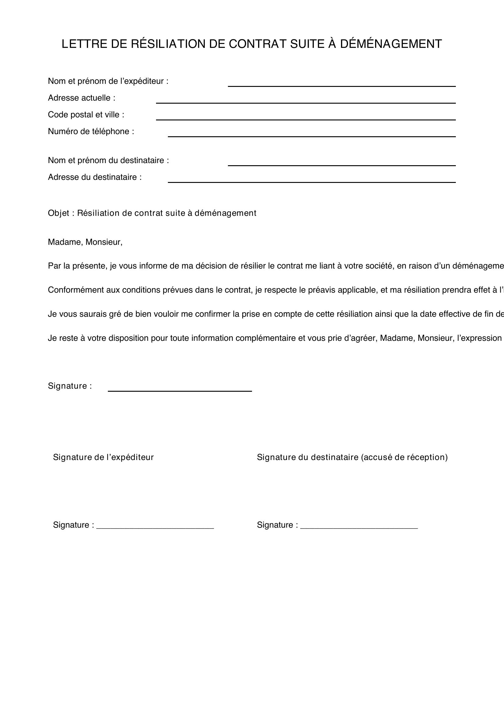 Modèle Lettre Résiliation Suite Déménagement