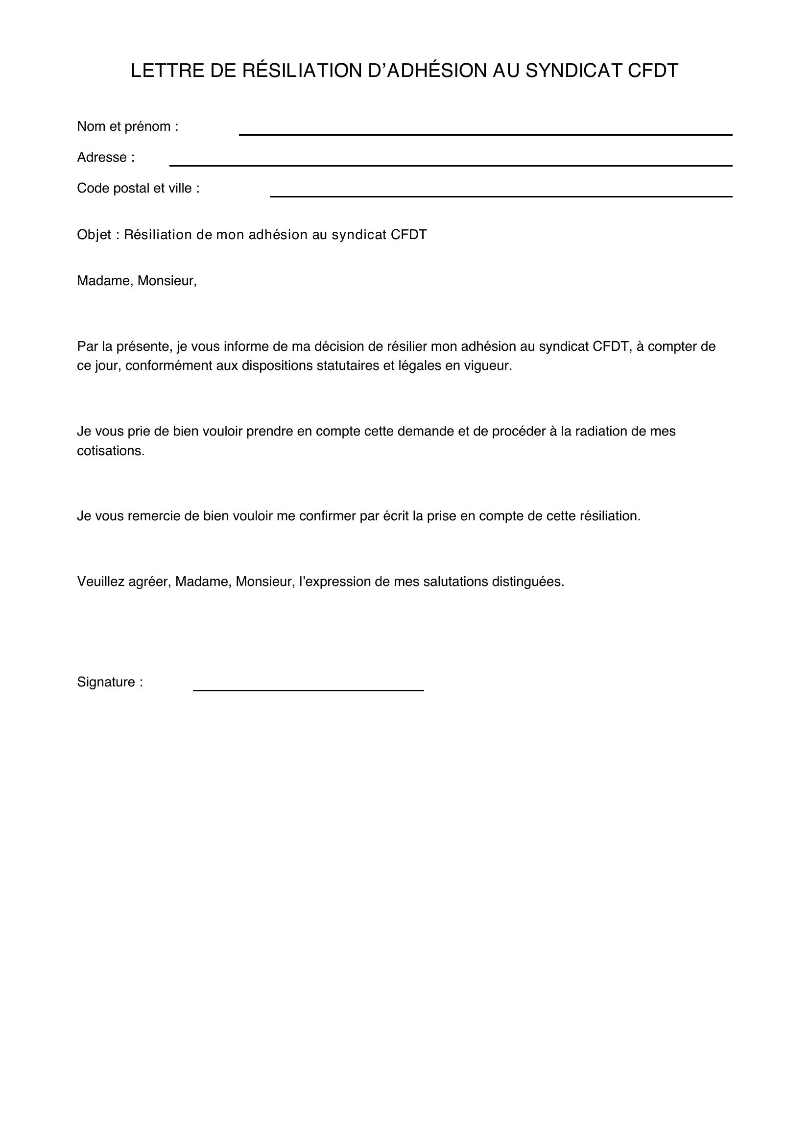 Modèle Lettre Résiliation Syndicat Cfdt