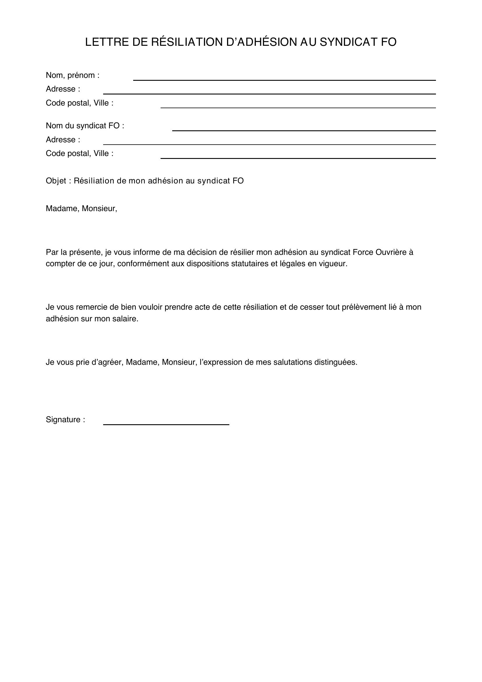Modèle Lettre Résiliation Syndicat Fo