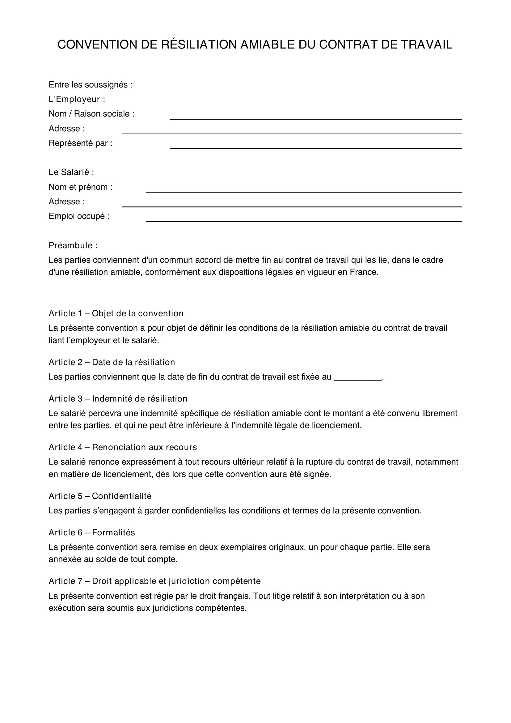 Modèle De Résiliation Amiable