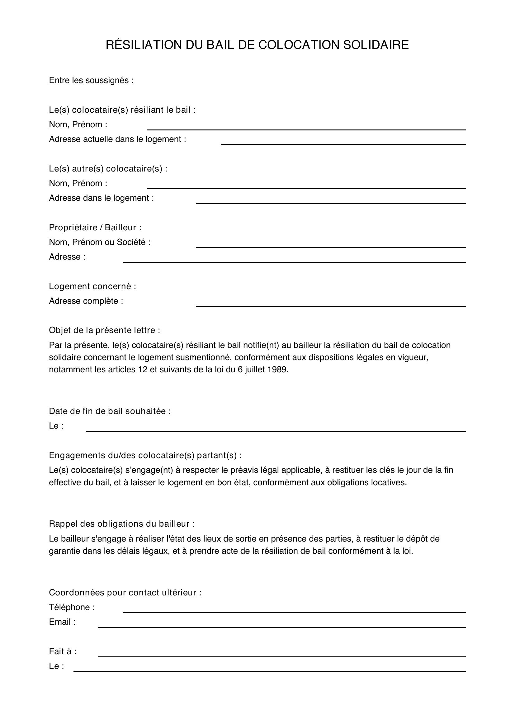 Résiliation Bail Colocation Solidaire