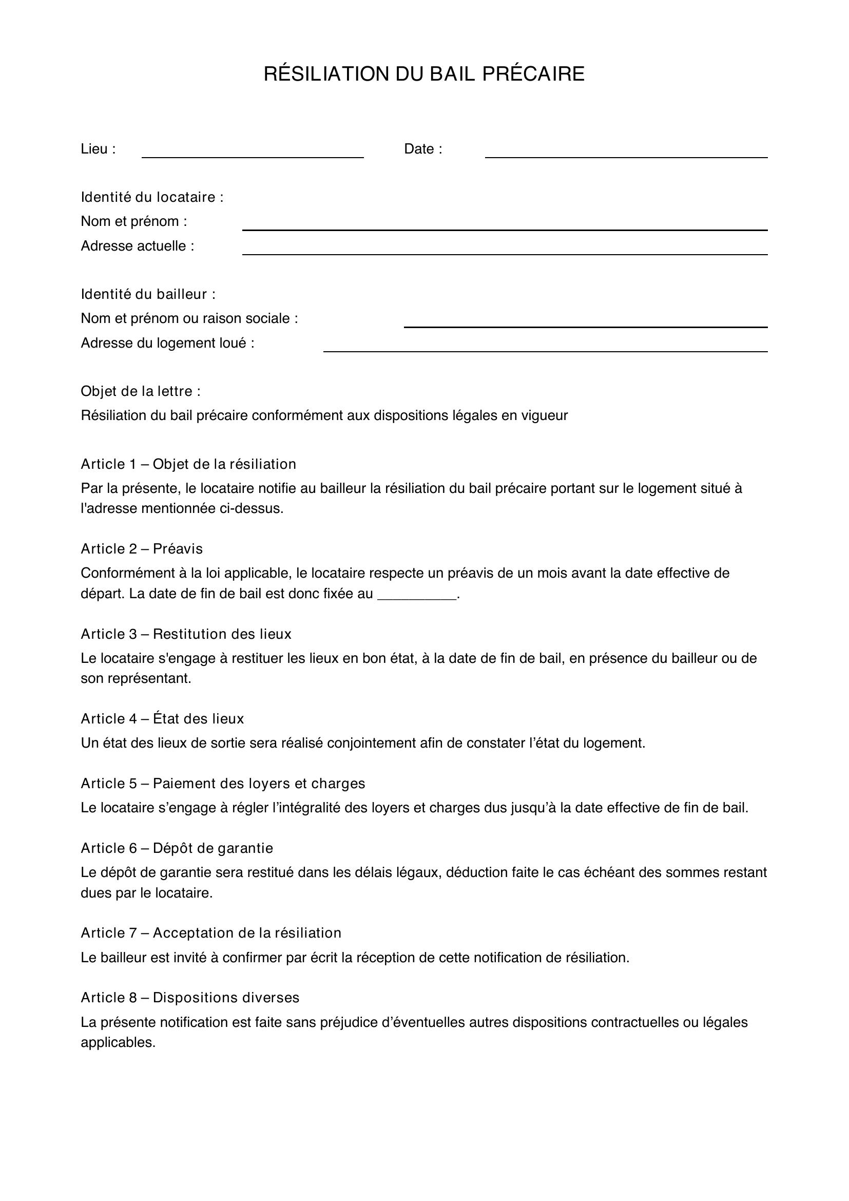 Résiliation Bail Précaire Modèle