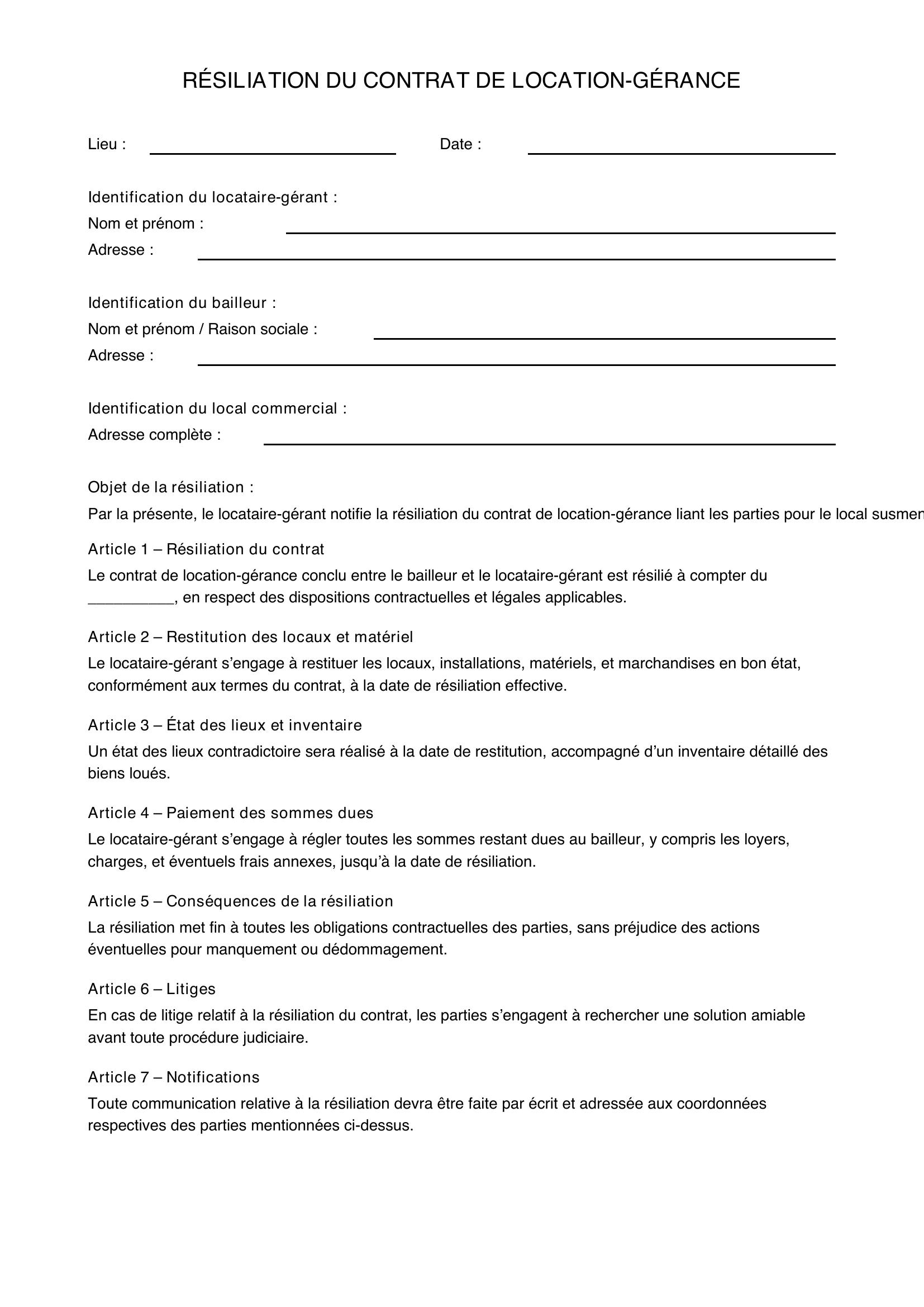 Modèle Résiliation Contrat De Location-Gérance