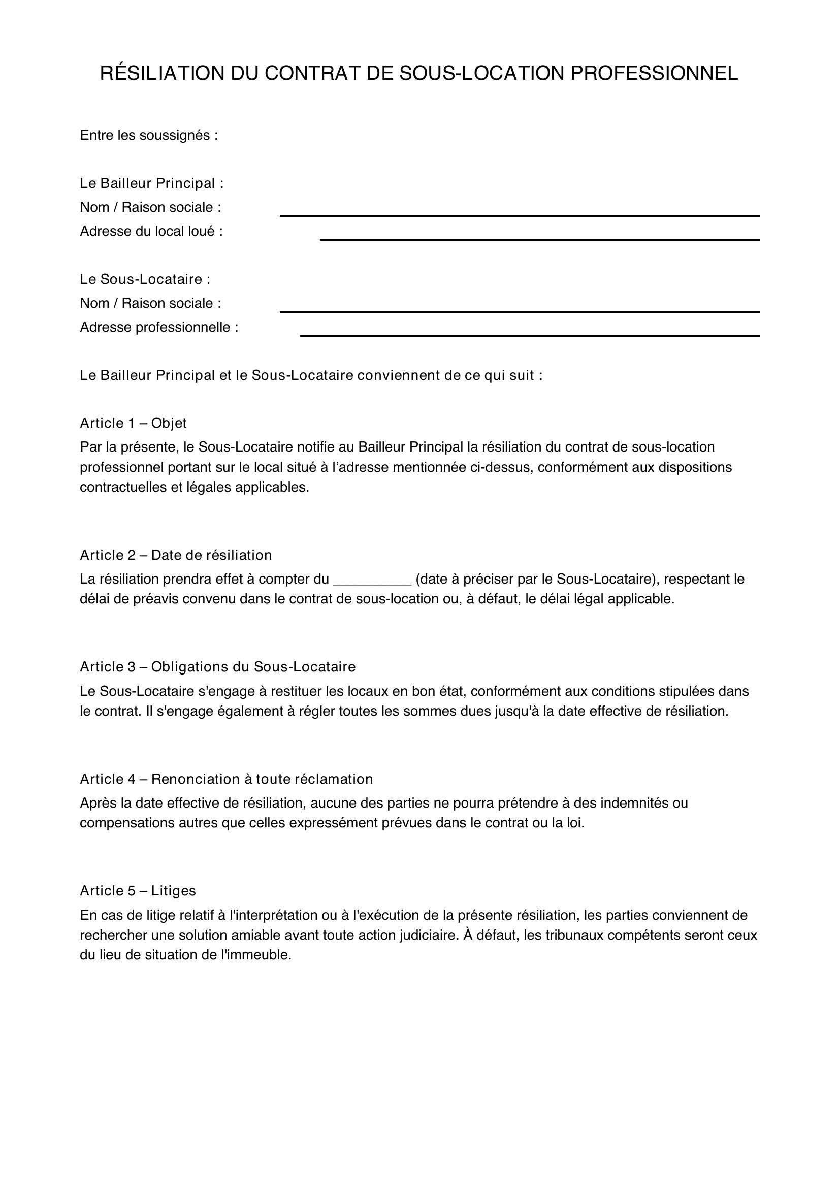 Modèle Résiliation Contrat De Sous-Location Professionnel