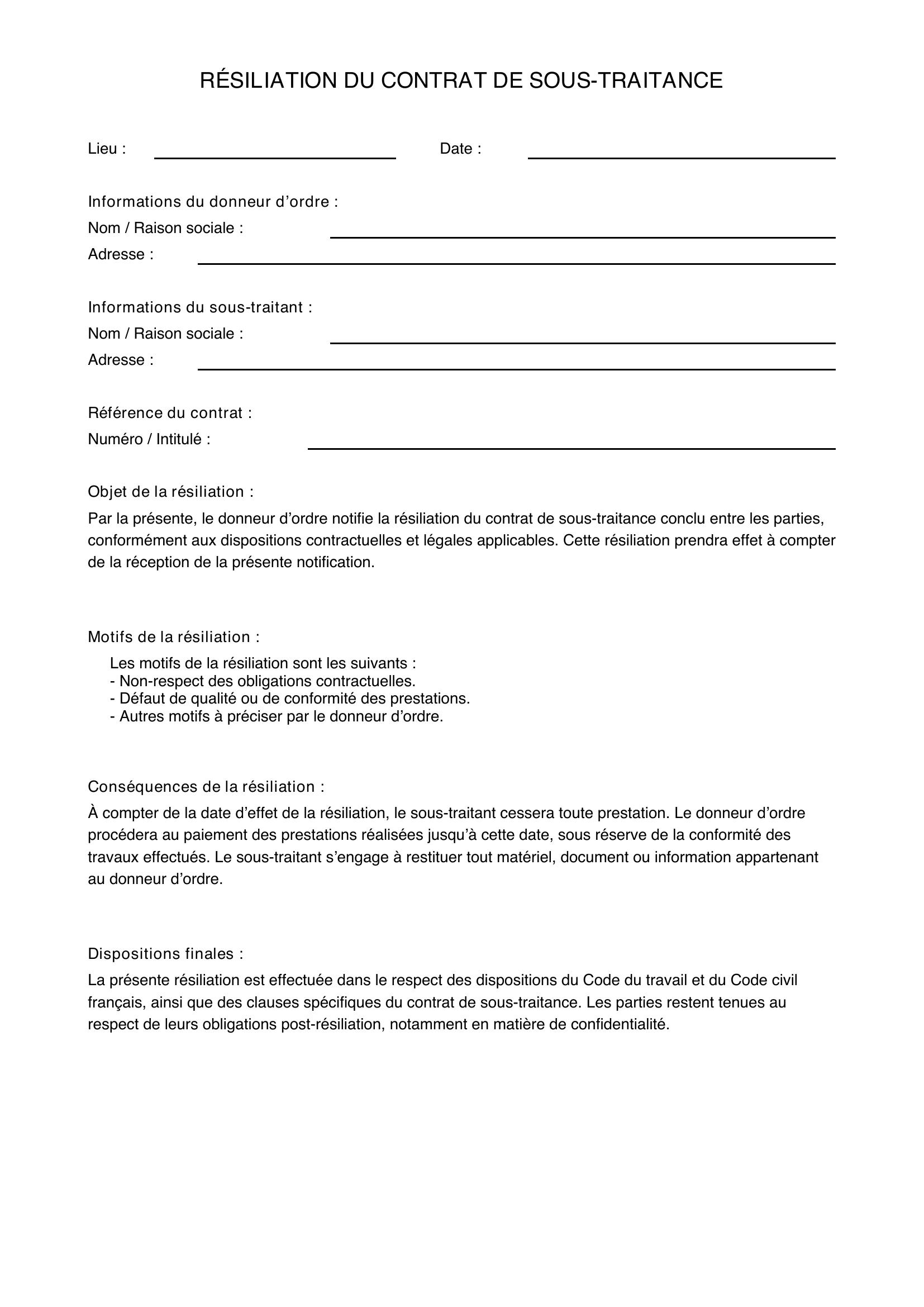 Modèle Résiliation Contrat De Sous-Traitance