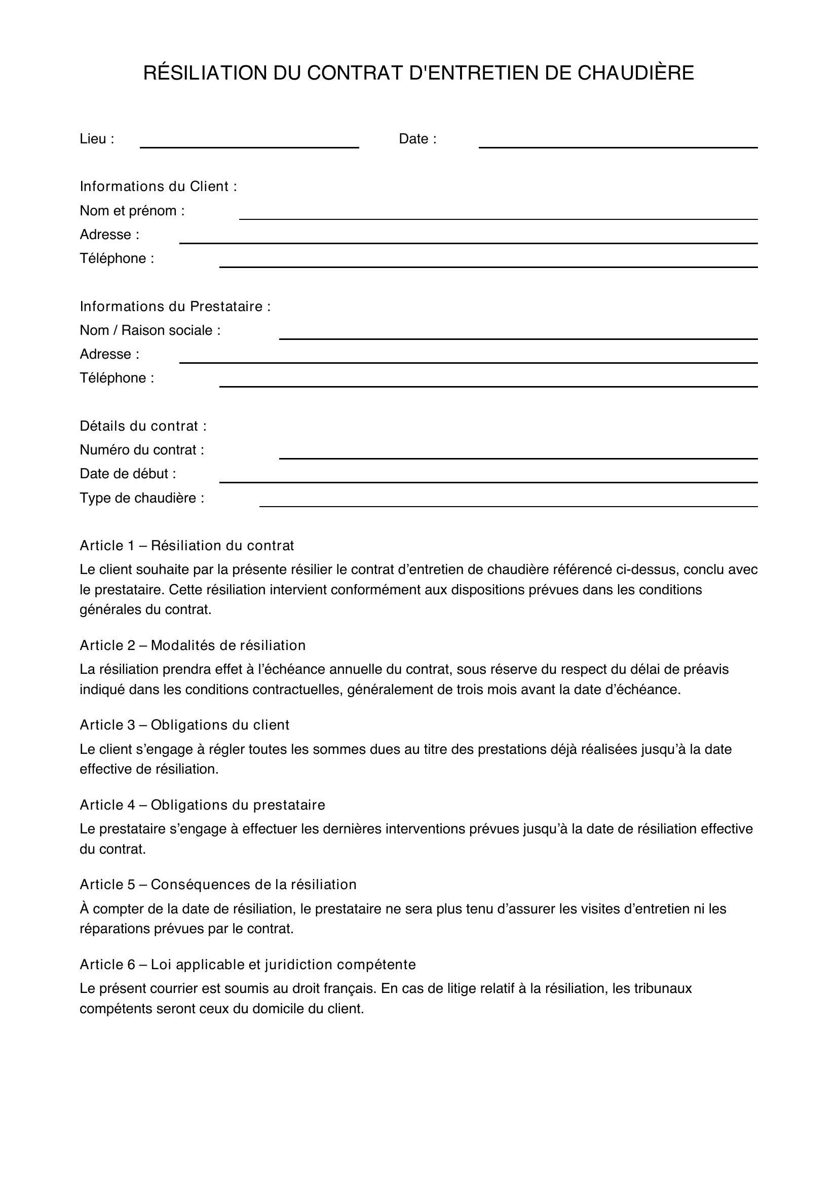 Modèle Résiliation Contrat Entretien Chaudière