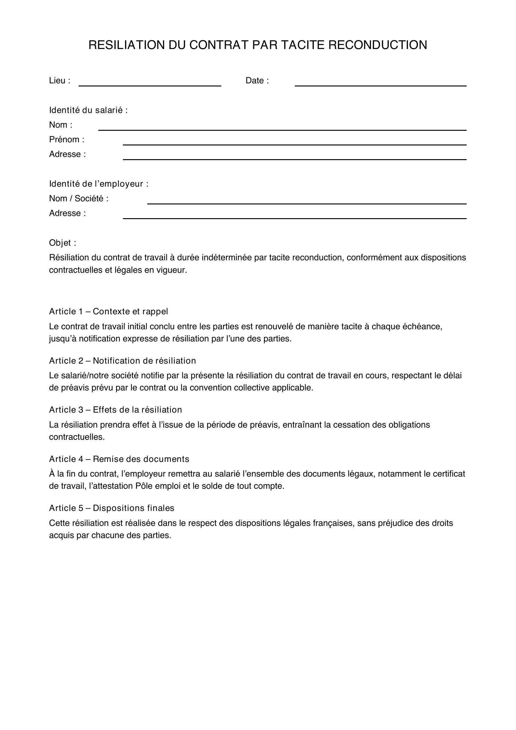 Modèle Résiliation Contrat Tacite Reconduction