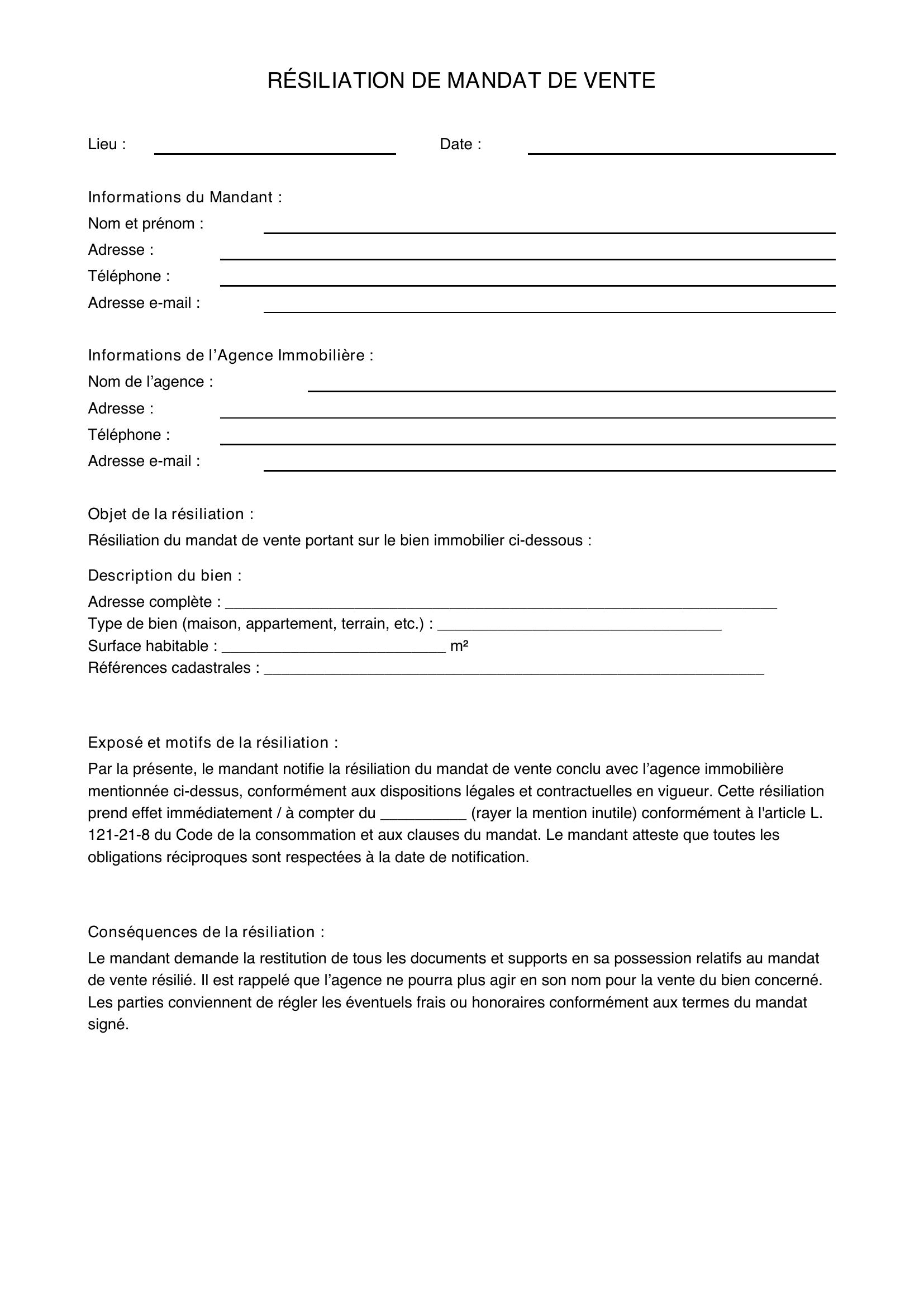 Modèle Résiliation Mandat De Vente Simple